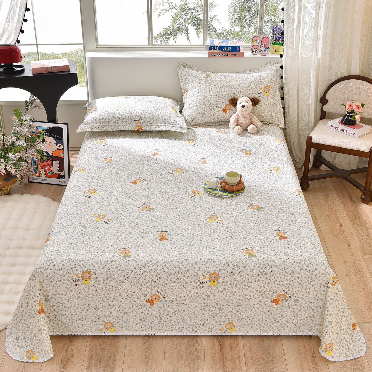 91家纺网 家纺一手货源 找家纺 德比尔斯  2026新款原棉老粗布凉席花边老粗布三件套 小狮子-花边款