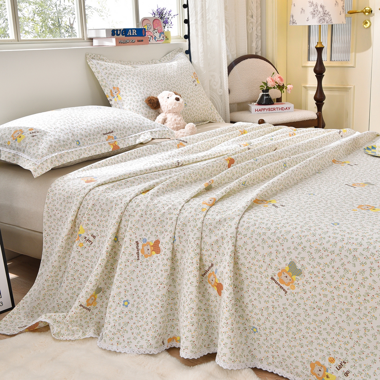 91家纺网 家纺一手货源 找家纺 德比尔斯  2026新款原棉老粗布凉席花边老粗布三件套 小狮子-花边款