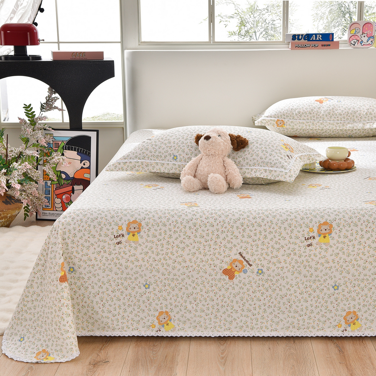 91家纺网 家纺一手货源 找家纺 德比尔斯  2026新款原棉老粗布凉席花边老粗布三件套 小狮子-花边款