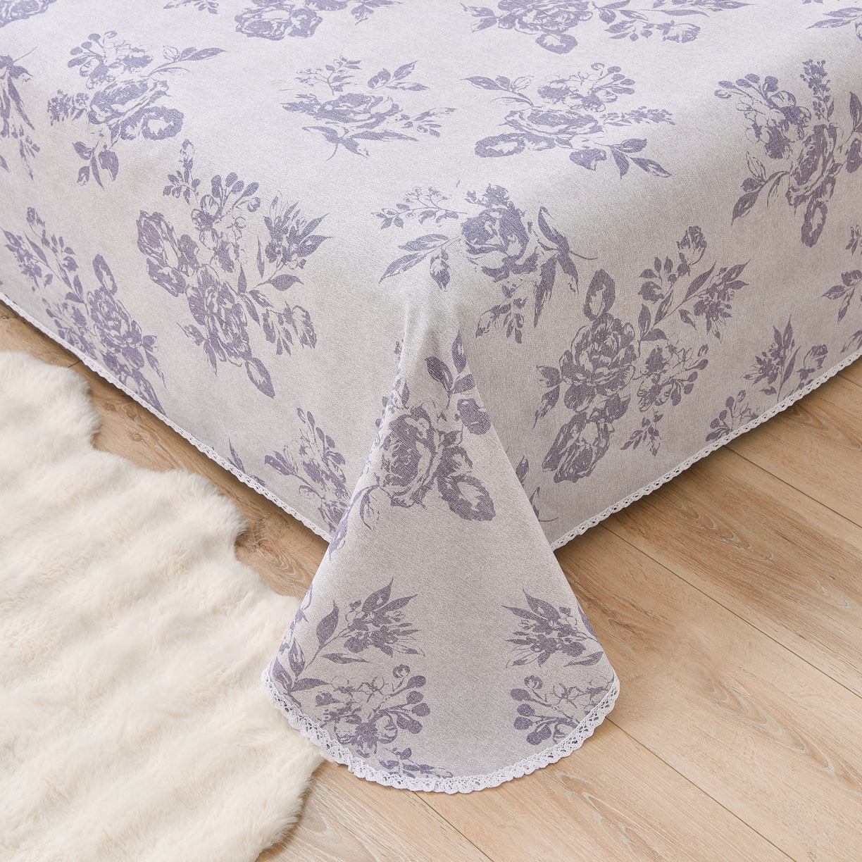 91家纺网 家纺一手货源 找家纺 德比尔斯  2026新款原棉老粗布凉席花边老粗布三件套 紫嫣-花边款