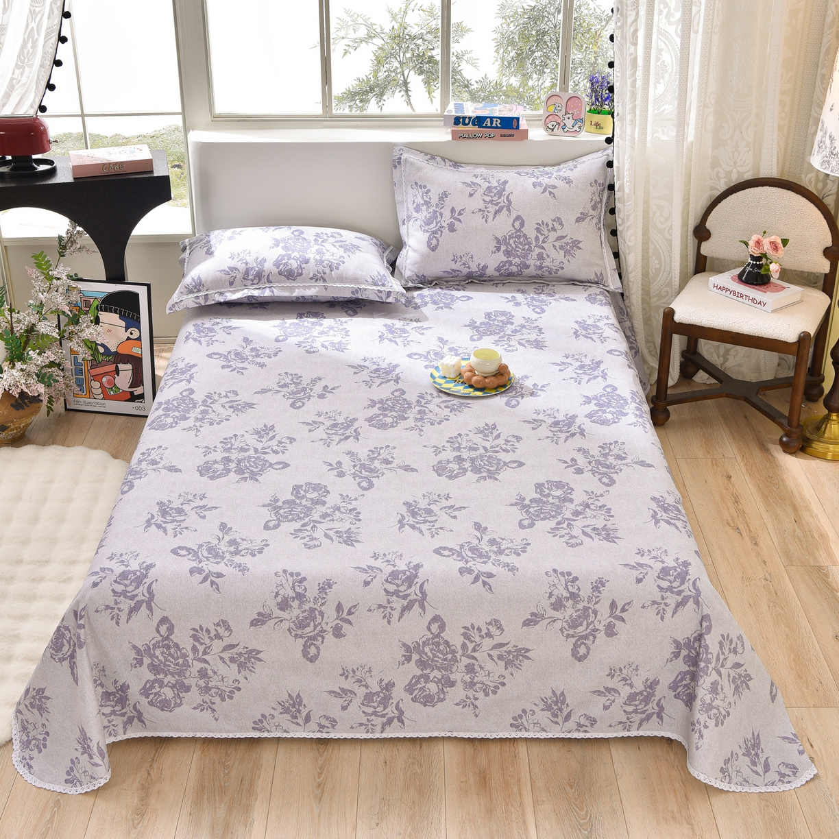 91家纺网 家纺一手货源 找家纺 德比尔斯  2026新款原棉老粗布凉席花边老粗布三件套 紫嫣-花边款