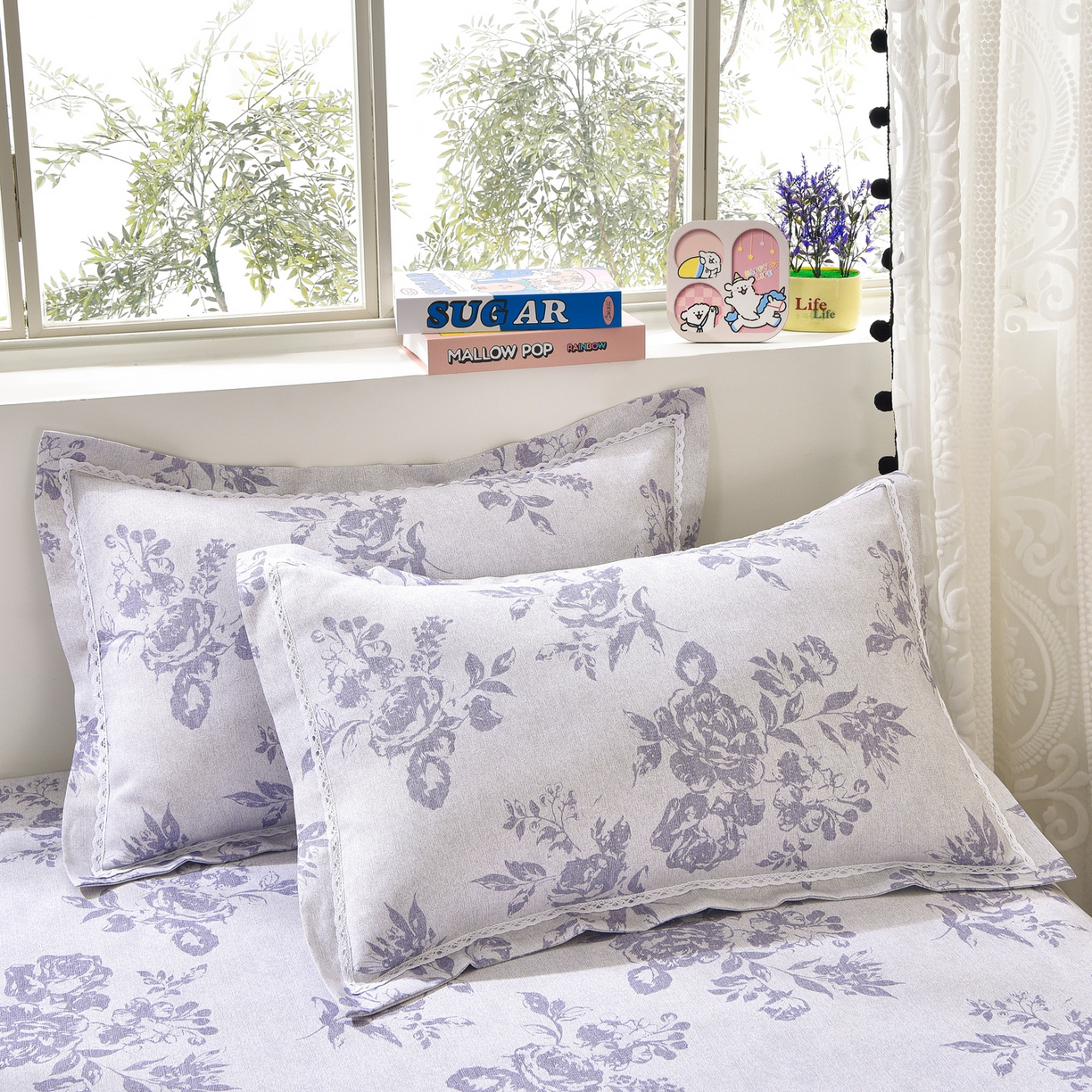 91家纺网 家纺一手货源 找家纺 德比尔斯  2026新款原棉老粗布凉席花边老粗布三件套 紫嫣-花边款