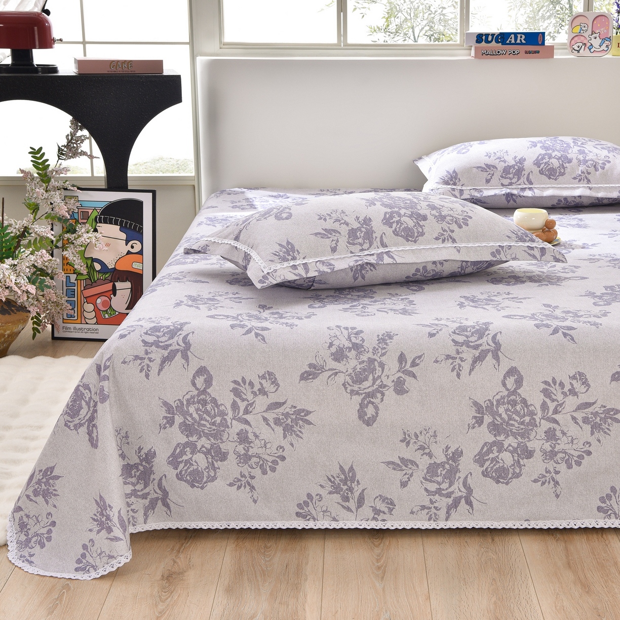 91家纺网 家纺一手货源 找家纺 德比尔斯  2026新款原棉老粗布凉席花边老粗布三件套 紫嫣-花边款