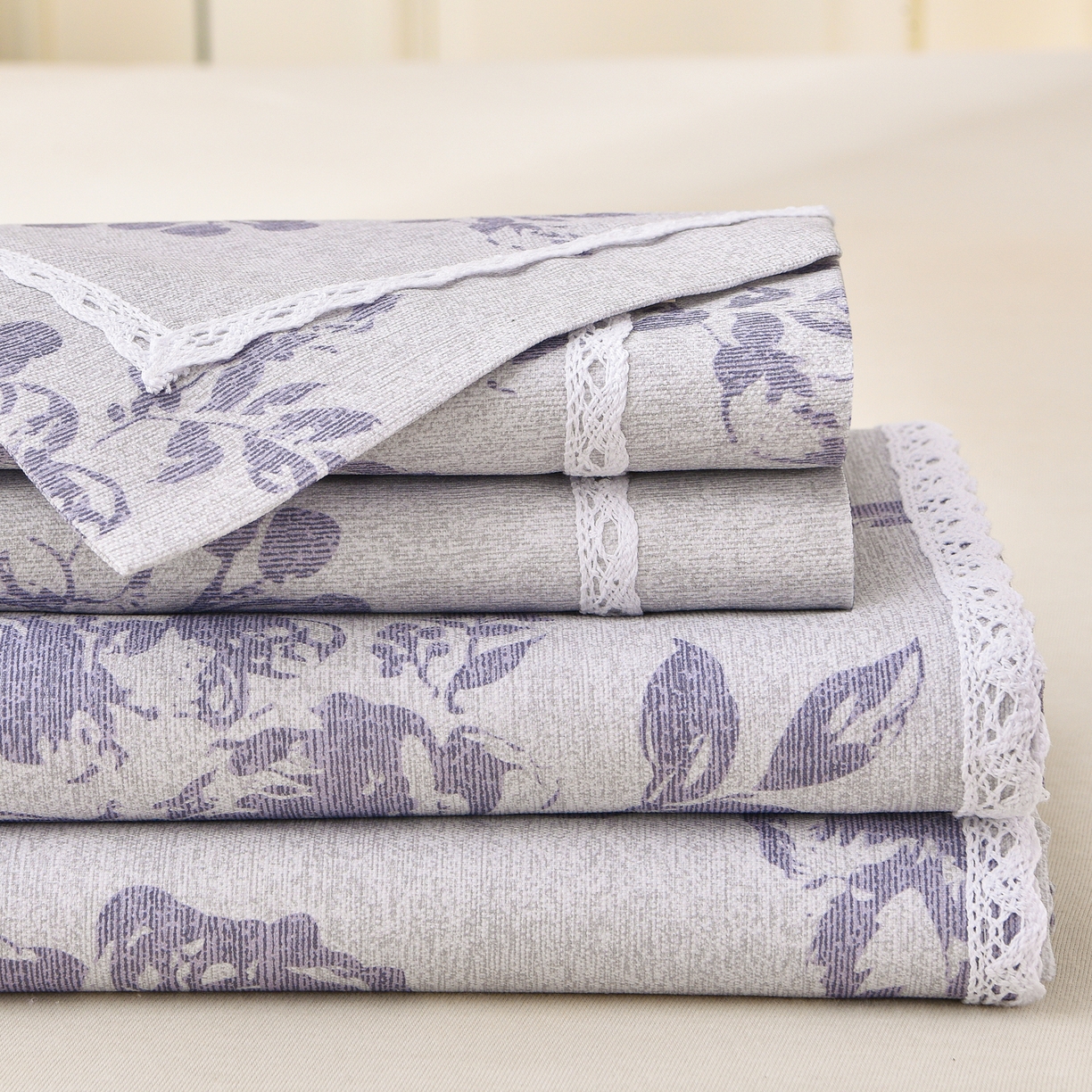 德比尔斯  2026新款原棉老粗布凉席花边老粗布三件套 紫嫣-花边款