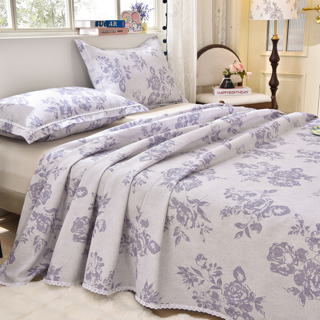 91家纺网 家纺一手货源 找家纺 德比尔斯  2026新款原棉老粗布凉席花边老粗布三件套 紫嫣-花边款