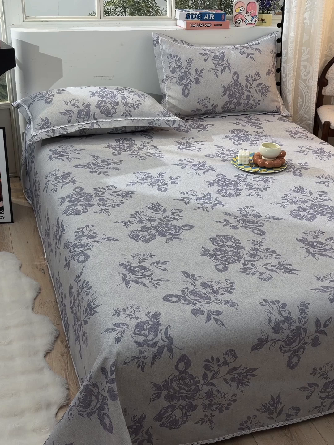 91家纺网 家纺一手货源 找家纺 德比尔斯  2026新款原棉老粗布凉席花边老粗布三件套 紫嫣-花边款