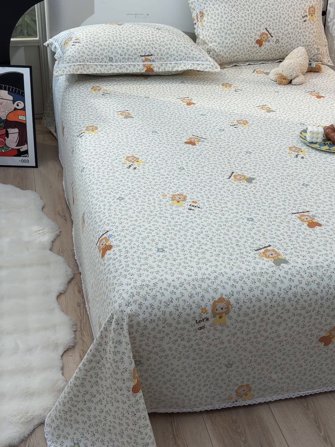 91家纺网 家纺一手货源 找家纺 德比尔斯  2026新款原棉老粗布凉席花边老粗布三件套 小狮子-花边款