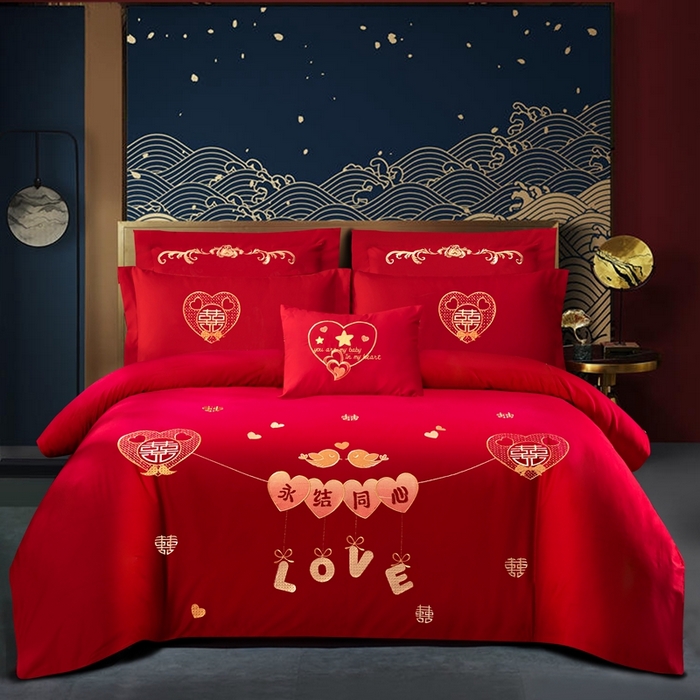 91家纺网 家纺一手货源 找家纺 （总）慕她家纺 2026年磨毛亲肤棉婚庆四件套大红色刺绣结床上用品