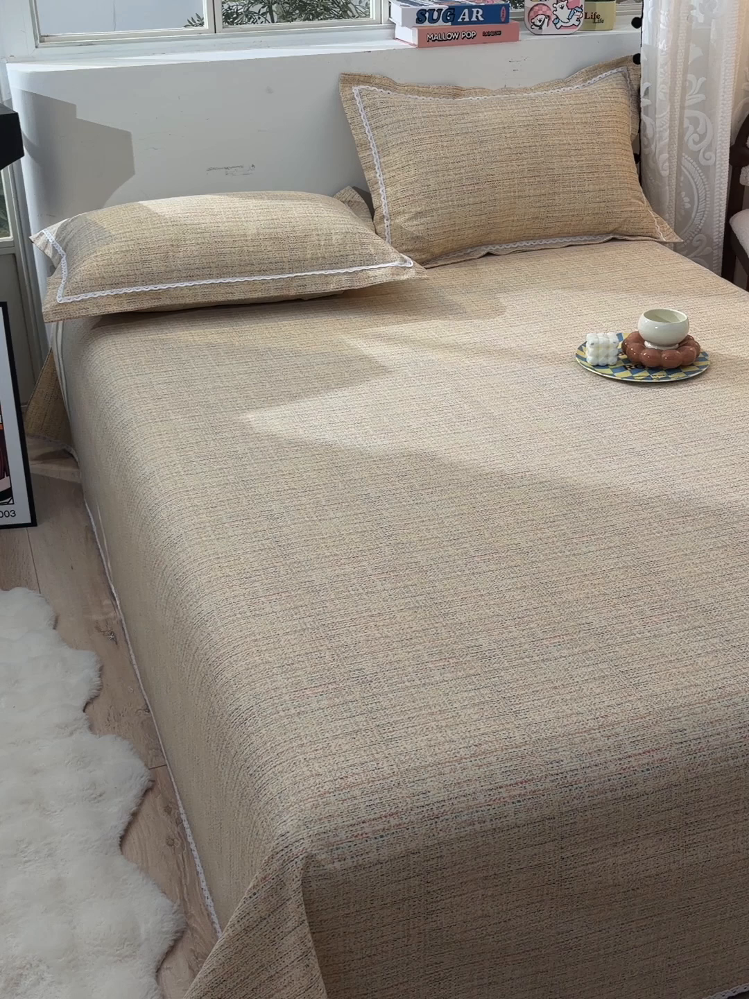 91家纺网 家纺一手货源 找家纺 德比尔斯  2026新款原棉老粗布凉席花边老粗布三件套 如意棕-花边款