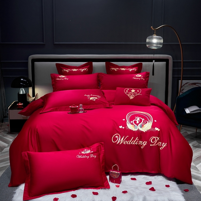 慕她家纺 2026年磨毛亲肤棉婚庆四件套大红色刺绣结床上用品 恩恩爱爱