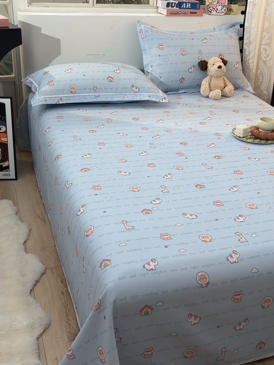 91家纺网 家纺一手货源 找家纺 德比尔斯  2026新款原棉老粗布凉席花边老粗布三件套 动物乐园-花边款