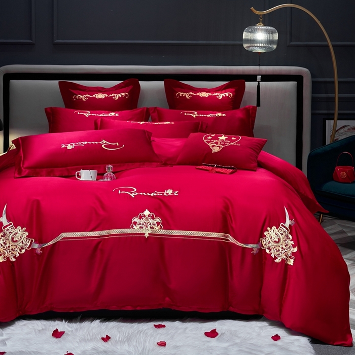 91家纺网 家纺一手货源 找家纺 慕她家纺 2026年磨毛亲肤棉婚庆四件套大红色刺绣结床上用品 爱的约定