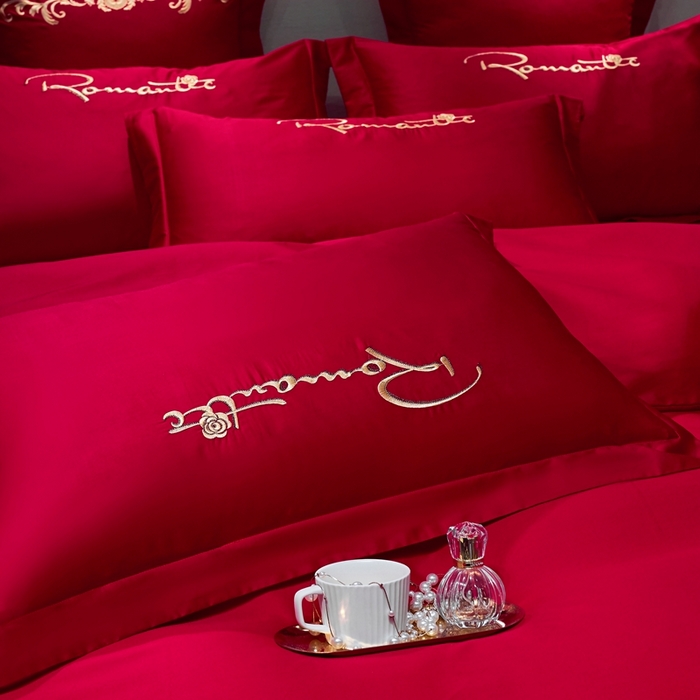 91家纺网 家纺一手货源 找家纺 慕她家纺 2026年磨毛亲肤棉婚庆四件套大红色刺绣结床上用品 爱的约定