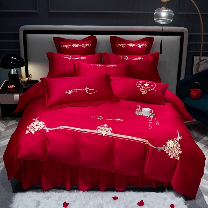 91家纺网 家纺一手货源 找家纺 慕她家纺 2026年磨毛亲肤棉婚庆四件套大红色刺绣结床上用品 爱的约定