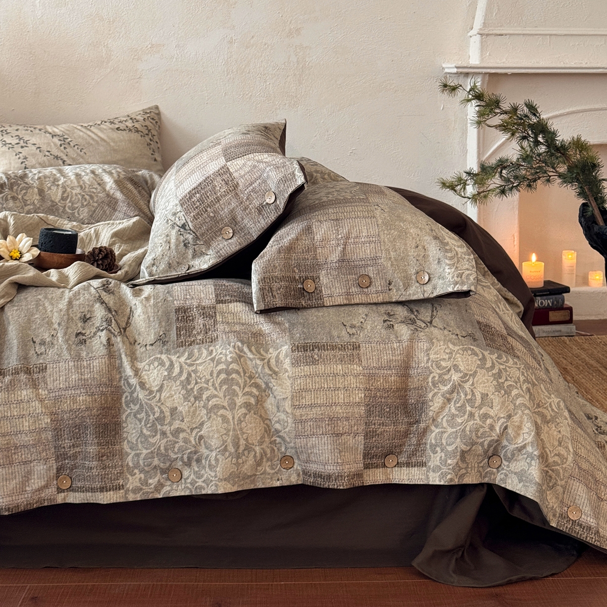 91家纺网 家纺一手货源 找家纺 （总）淑女公社家纺 2026春夏新款竹节棉麻印花纽扣款套件四件套