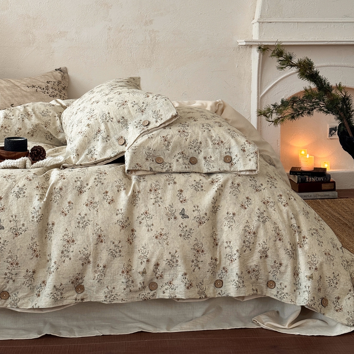 91家纺网 家纺一手货源 找家纺 淑女公社家纺 2026春夏新款竹节棉麻印花纽扣款套件四件套 诺曼底的蝶与花