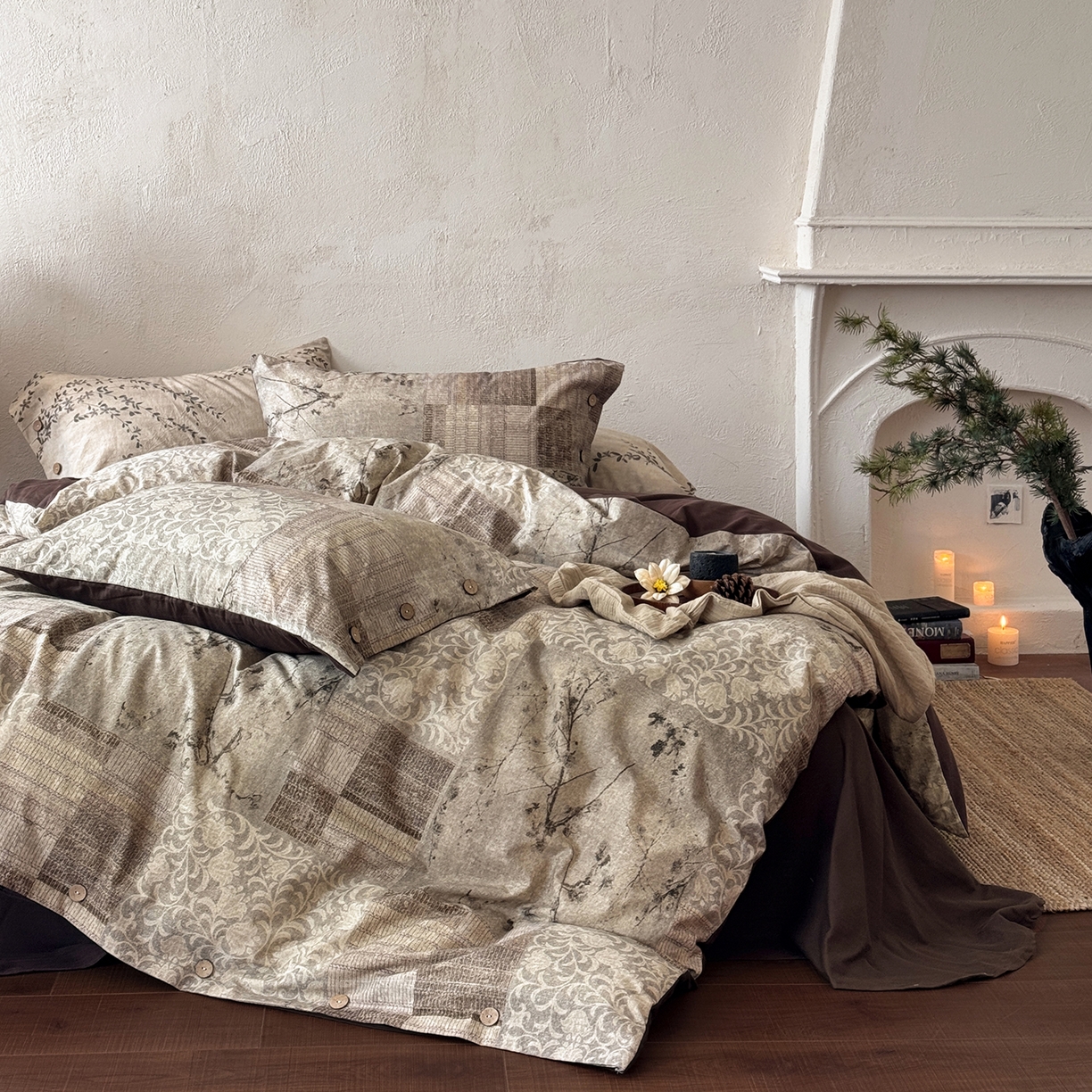 91家纺网 家纺一手货源 找家纺 （总）淑女公社家纺 2026春夏新款竹节棉麻印花纽扣款套件四件套