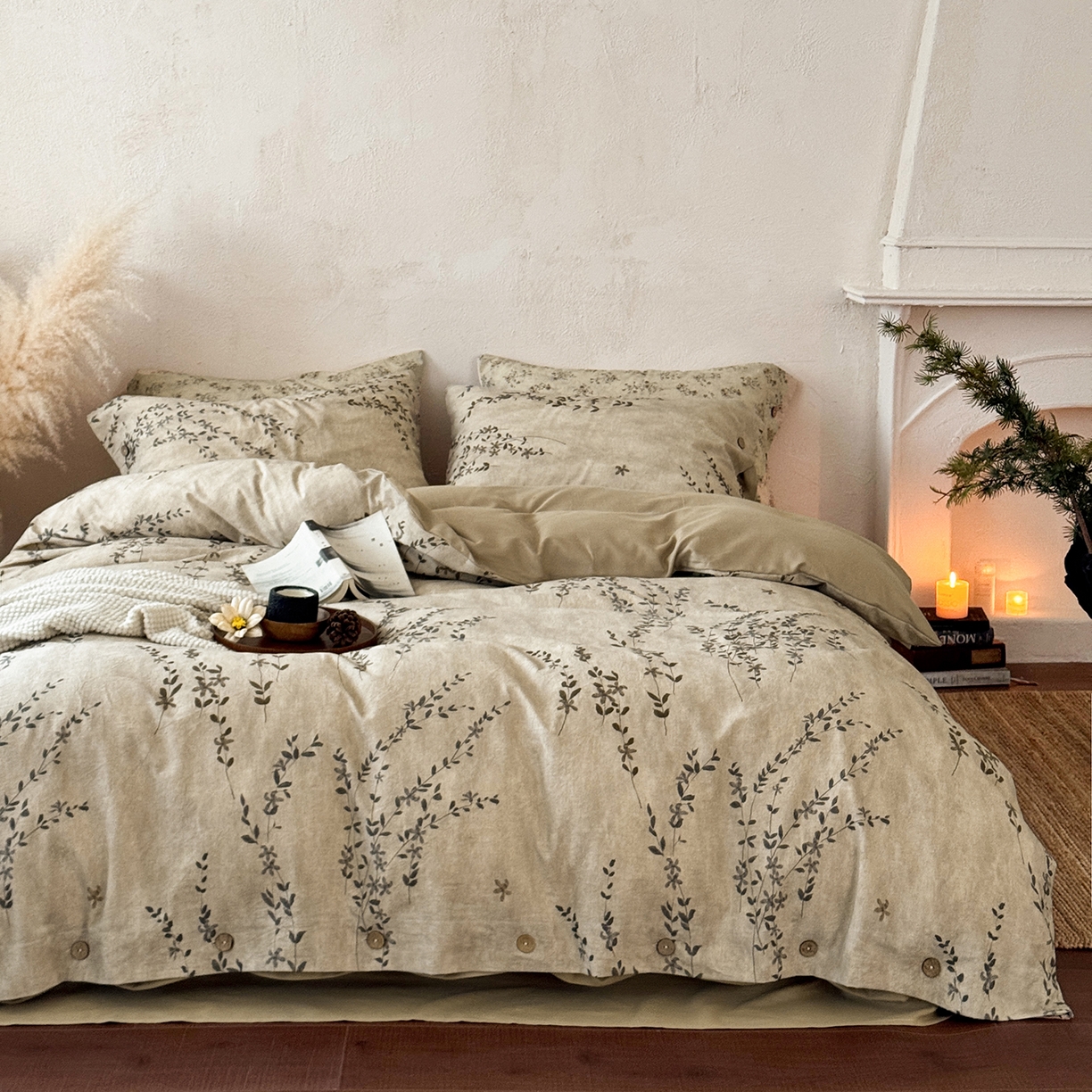 91家纺网 家纺一手货源 找家纺 淑女公社家纺 2026春夏新款竹节棉麻印花纽扣款套件四件套 普罗旺斯的野蔓