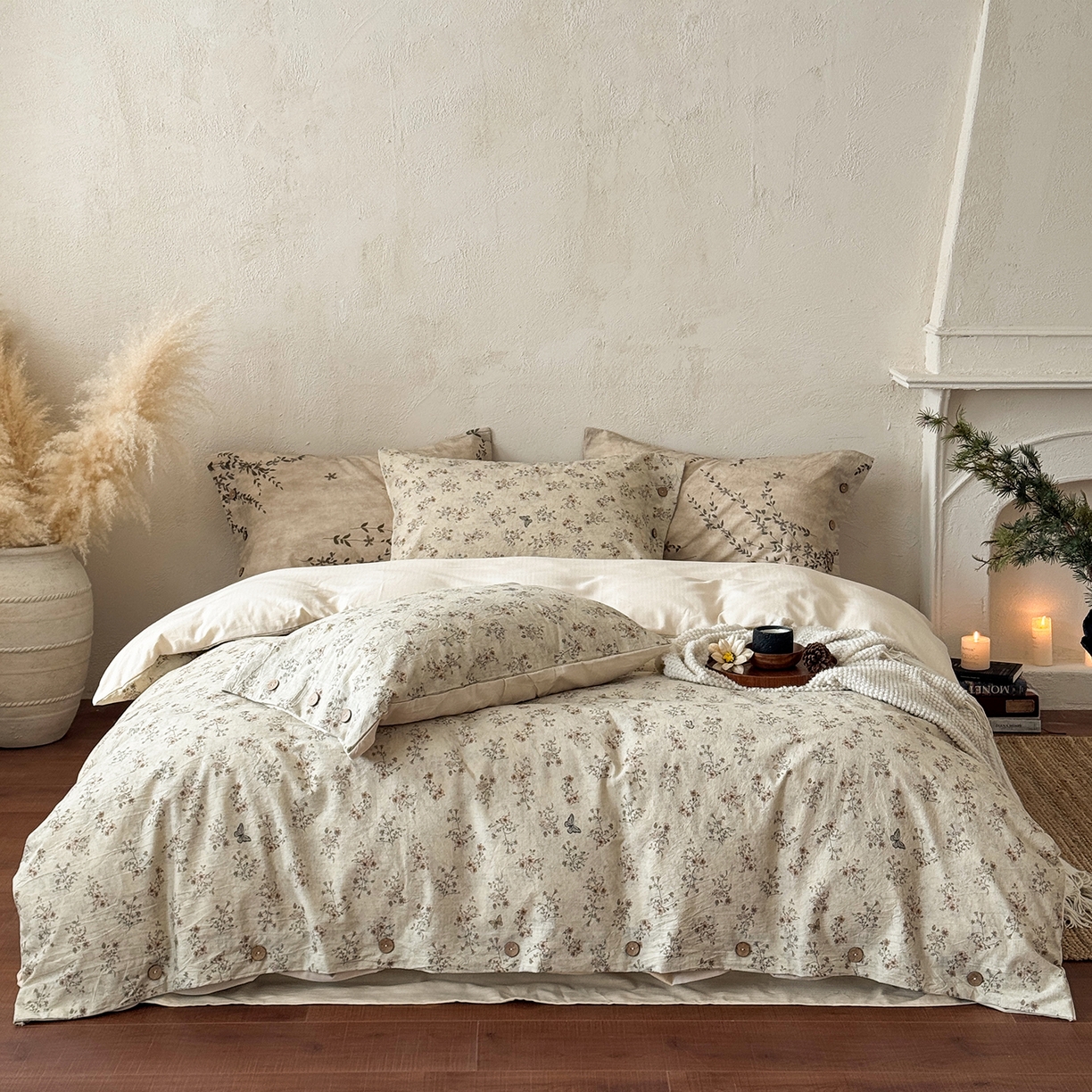 91家纺网 家纺一手货源 找家纺 淑女公社家纺 2026春夏新款竹节棉麻印花纽扣款套件四件套 诺曼底的蝶与花