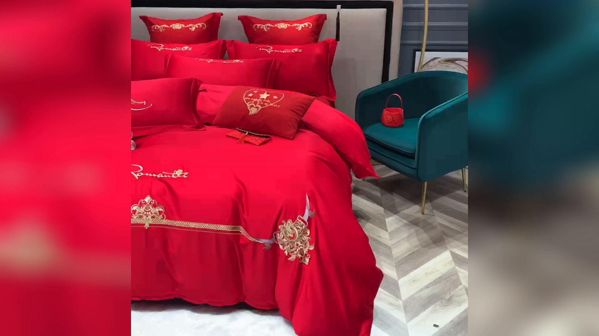91家纺网 家纺一手货源 找家纺 慕她家纺 2026年磨毛亲肤棉婚庆四件套大红色刺绣结床上用品 爱的约定