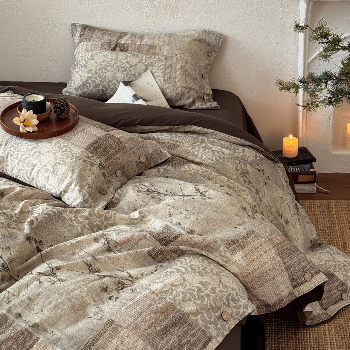 91家纺网 家纺一手货源 找家纺 （总）淑女公社家纺 2026春夏新款竹节棉麻印花纽扣款套件四件套