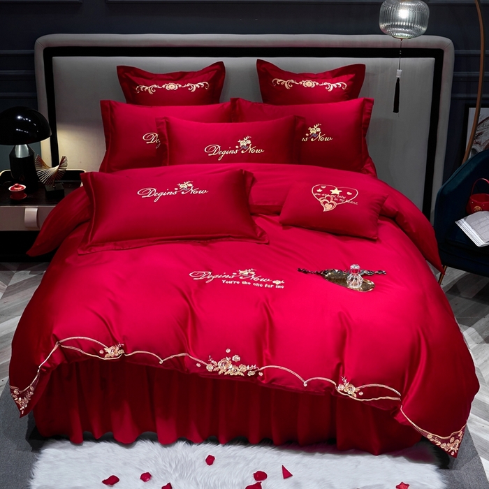 91家纺网 家纺一手货源 找家纺 慕她家纺 2026年磨毛亲肤棉婚庆四件套大红色刺绣结床上用品 玫瑰情缘