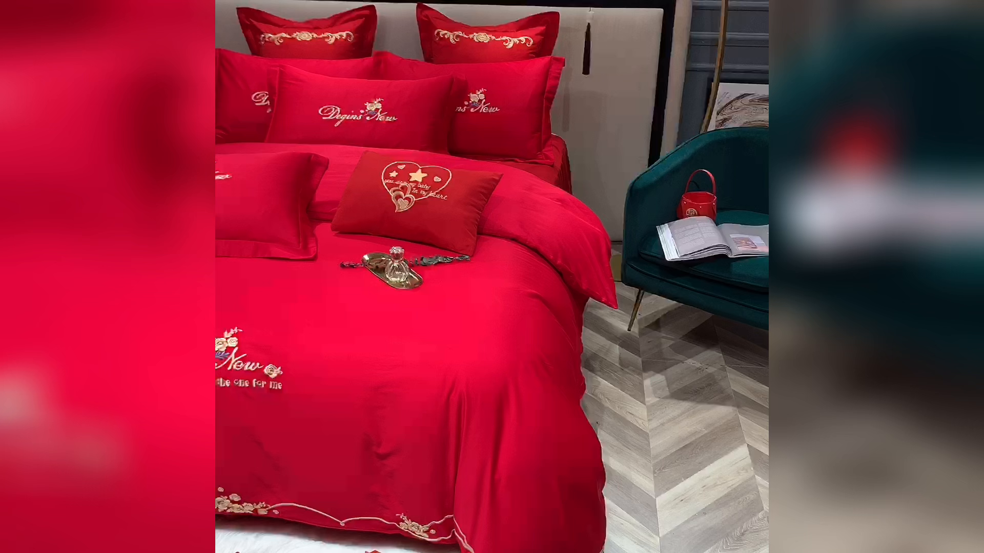 91家纺网 家纺一手货源 找家纺 慕她家纺 2026年磨毛亲肤棉婚庆四件套大红色刺绣结床上用品 玫瑰情缘