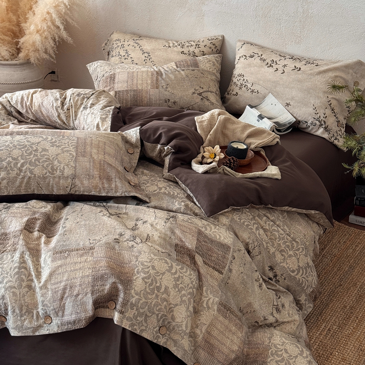 91家纺网 家纺一手货源 找家纺 （总）淑女公社家纺 2026春夏新款竹节棉麻印花纽扣款套件四件套