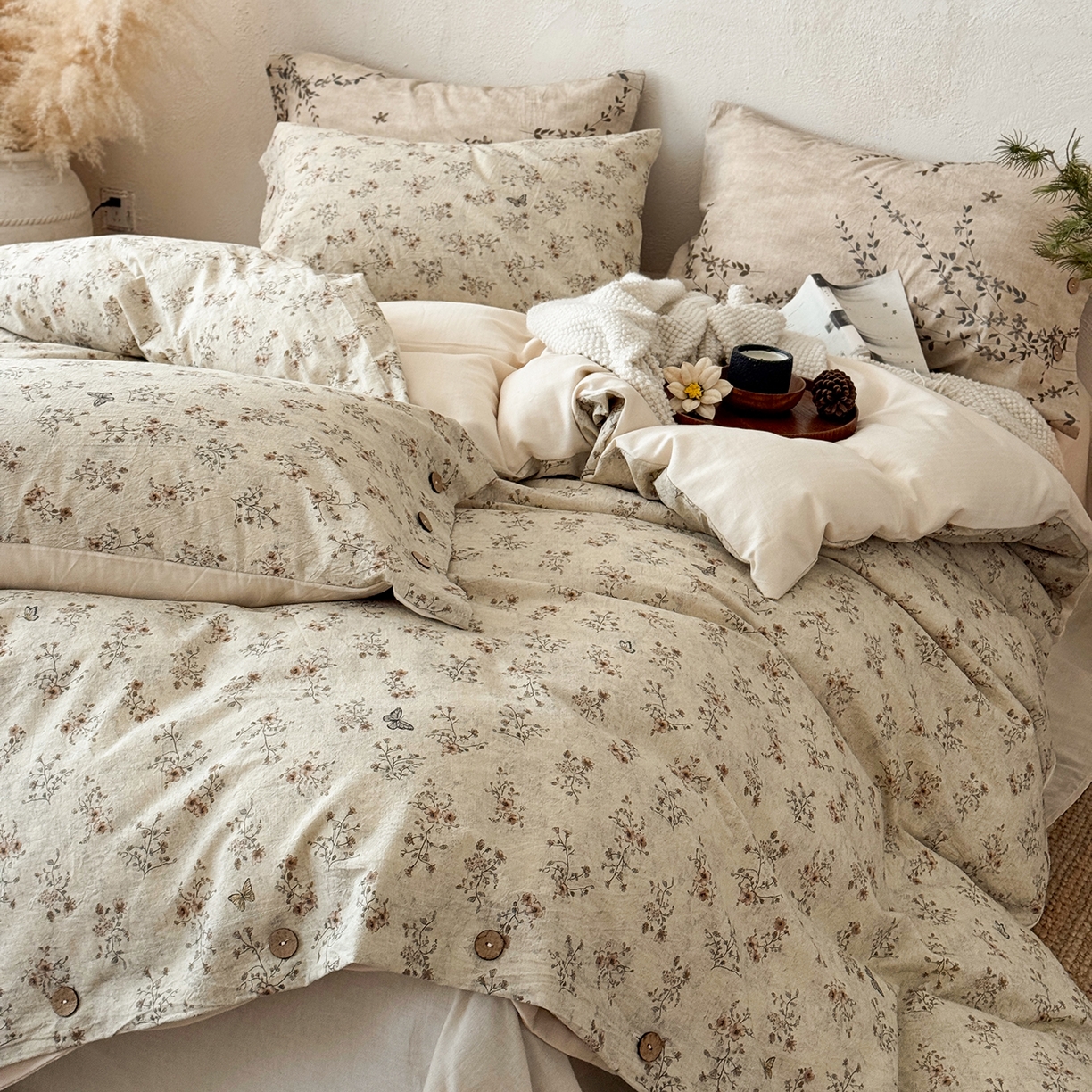 91家纺网 家纺一手货源 找家纺 （总）淑女公社家纺 2026春夏新款竹节棉麻印花纽扣款套件四件套