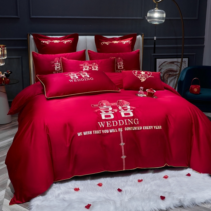 91家纺网 家纺一手货源 找家纺 慕她家纺 2026年磨毛亲肤棉婚庆四件套大红色刺绣结床上用品 双喜情缘