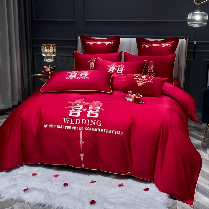 91家纺网 家纺一手货源 找家纺 慕她家纺 2026年磨毛亲肤棉婚庆四件套大红色刺绣结床上用品 双喜情缘