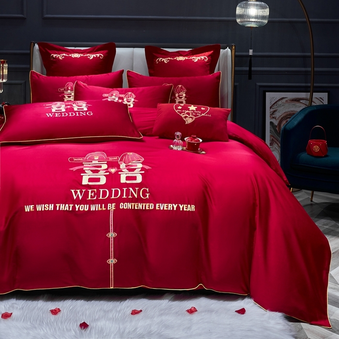 91家纺网 家纺一手货源 找家纺 慕她家纺 2026年磨毛亲肤棉婚庆四件套大红色刺绣结床上用品 双喜情缘