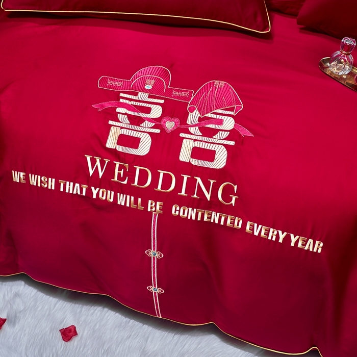 91家纺网 家纺一手货源 找家纺 慕她家纺 2026年磨毛亲肤棉婚庆四件套大红色刺绣结床上用品 双喜情缘