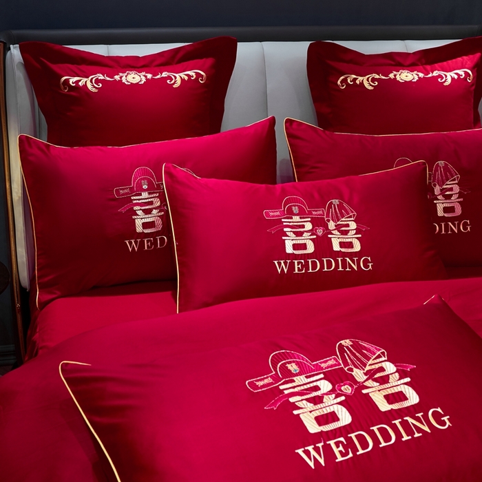 91家纺网 家纺一手货源 找家纺 慕她家纺 2026年磨毛亲肤棉婚庆四件套大红色刺绣结床上用品 双喜情缘