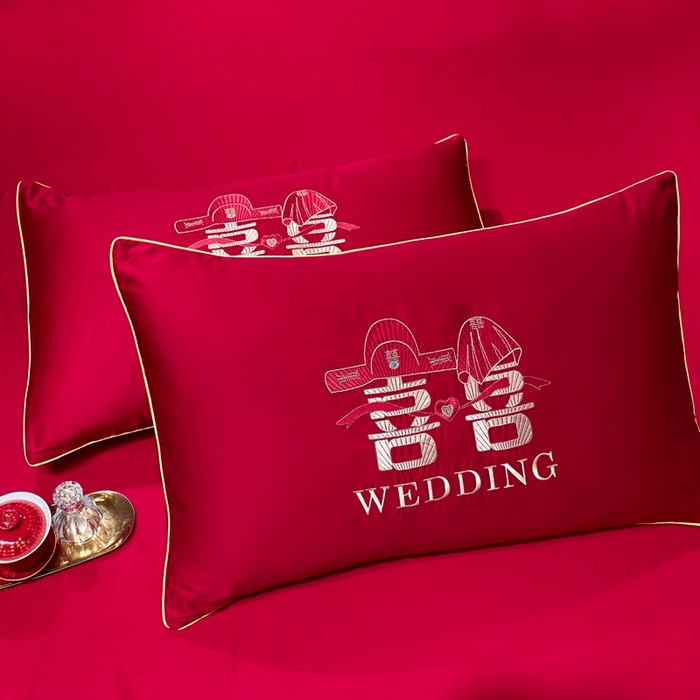 91家纺网 家纺一手货源 找家纺 慕她家纺 2026年磨毛亲肤棉婚庆四件套大红色刺绣结床上用品 双喜情缘