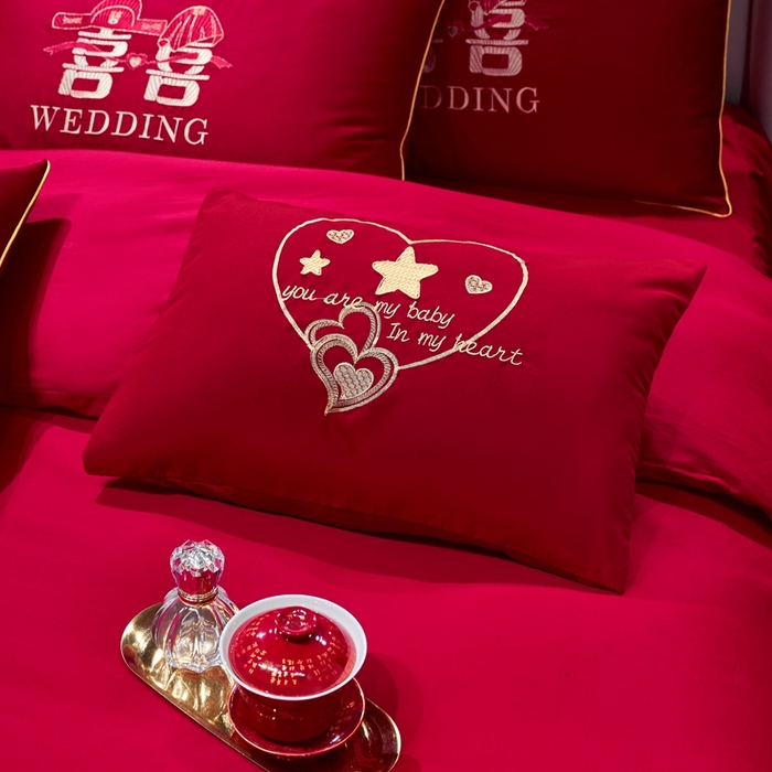 91家纺网 家纺一手货源 找家纺 慕她家纺 2026年磨毛亲肤棉婚庆四件套大红色刺绣结床上用品 双喜情缘