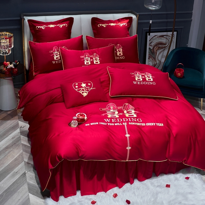 91家纺网 家纺一手货源 找家纺 慕她家纺 2026年磨毛亲肤棉婚庆四件套大红色刺绣结床上用品 双喜情缘