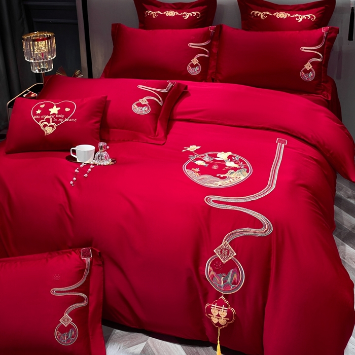 91家纺网 家纺一手货源 找家纺 慕她家纺 2026年磨毛亲肤棉婚庆四件套大红色刺绣结床上用品 幸福如意