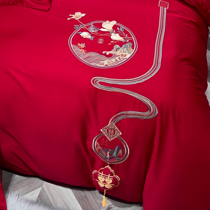 91家纺网 家纺一手货源 找家纺 慕她家纺 2026年磨毛亲肤棉婚庆四件套大红色刺绣结床上用品 幸福如意