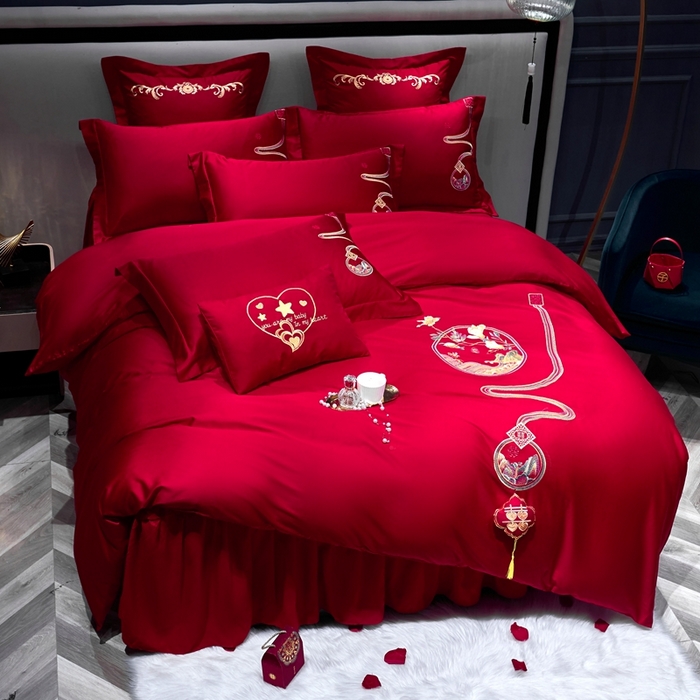 91家纺网 家纺一手货源 找家纺 慕她家纺 2026年磨毛亲肤棉婚庆四件套大红色刺绣结床上用品 幸福如意