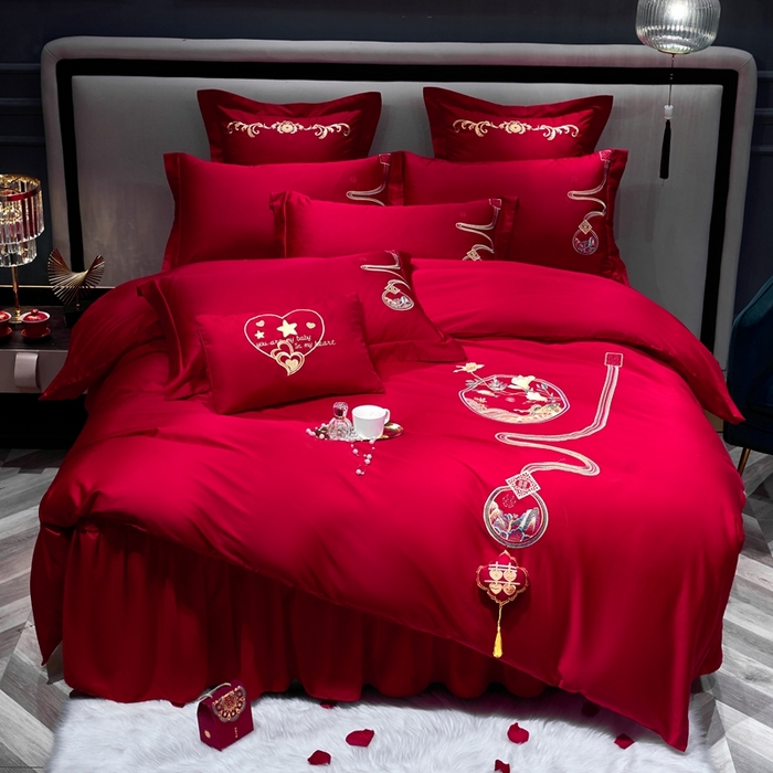 91家纺网 家纺一手货源 找家纺 慕她家纺 2026年磨毛亲肤棉婚庆四件套大红色刺绣结床上用品 幸福如意