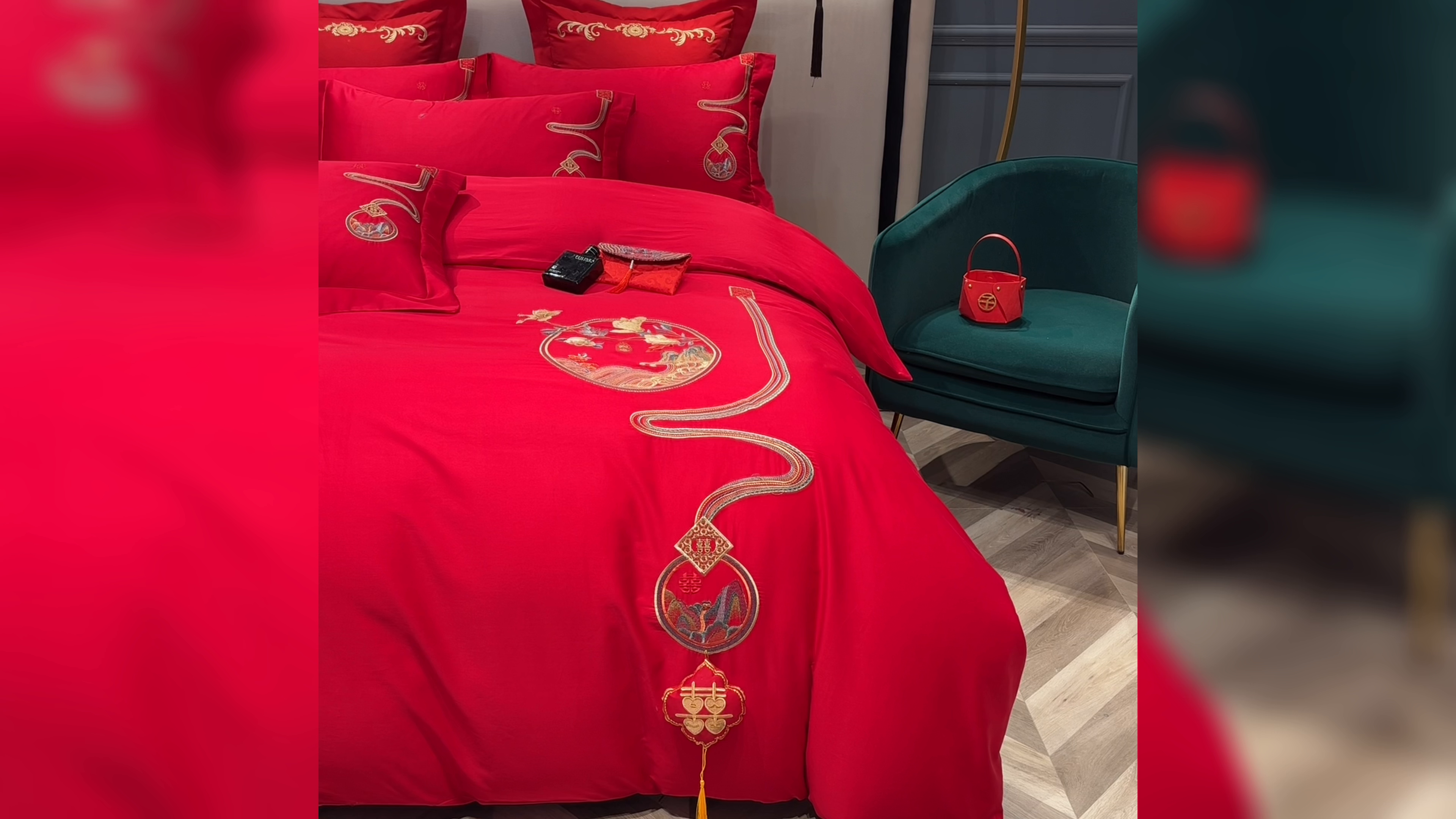 91家纺网 家纺一手货源 找家纺 慕她家纺 2026年磨毛亲肤棉婚庆四件套大红色刺绣结床上用品 幸福如意