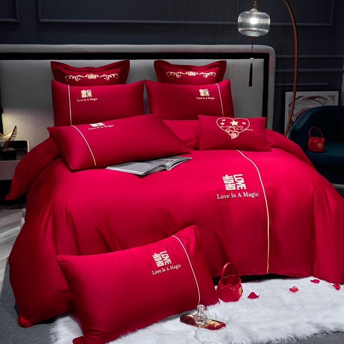 91家纺网 家纺一手货源 找家纺 慕她家纺 2026年磨毛亲肤棉婚庆四件套大红色刺绣结床上用品 一见钟情