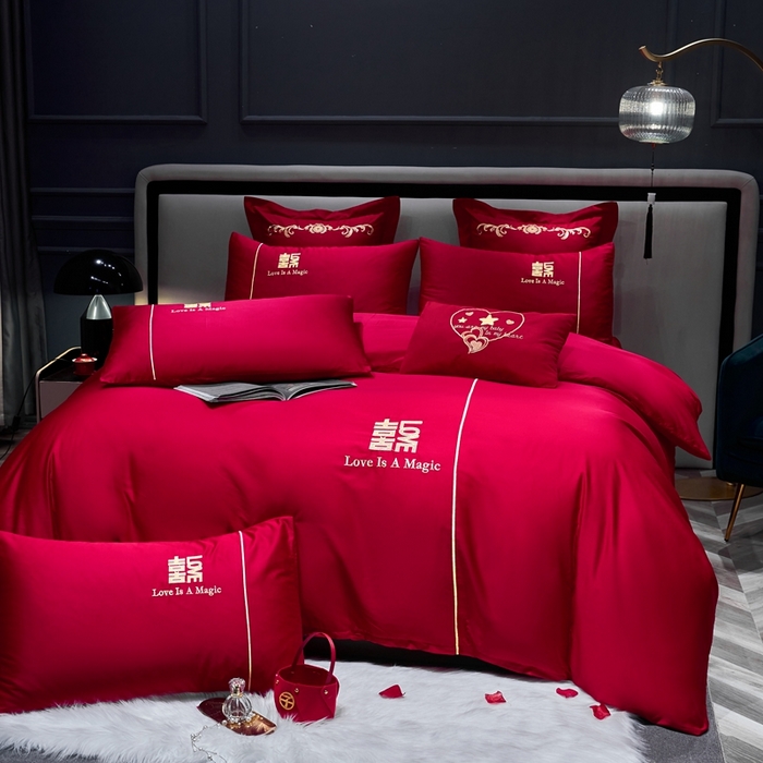 91家纺网 家纺一手货源 找家纺 慕她家纺 2026年磨毛亲肤棉婚庆四件套大红色刺绣结床上用品 一见钟情