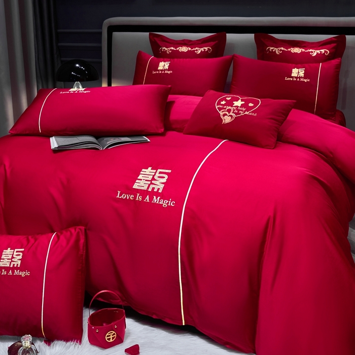 91家纺网 家纺一手货源 找家纺 慕她家纺 2026年磨毛亲肤棉婚庆四件套大红色刺绣结床上用品 一见钟情