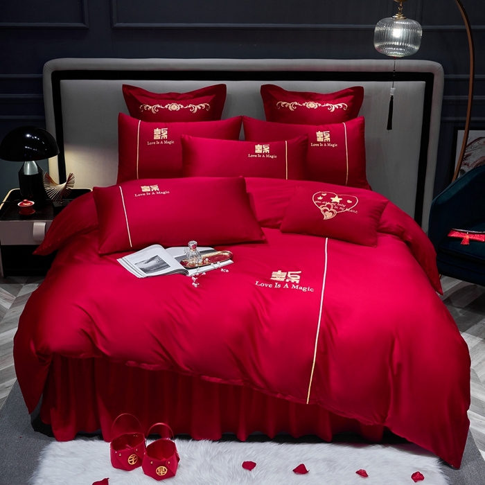 91家纺网 家纺一手货源 找家纺 慕她家纺 2026年磨毛亲肤棉婚庆四件套大红色刺绣结床上用品 一见钟情