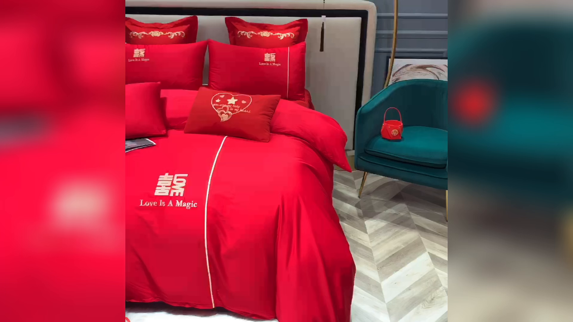 91家纺网 家纺一手货源 找家纺 慕她家纺 2026年磨毛亲肤棉婚庆四件套大红色刺绣结床上用品 一见钟情