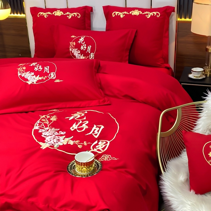 91家纺网 家纺一手货源 找家纺 慕她家纺 2026年磨毛亲肤棉婚庆四件套大红色刺绣结床上用品 花好月圆