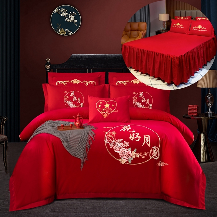 91家纺网 家纺一手货源 找家纺 慕她家纺 2026年磨毛亲肤棉婚庆四件套大红色刺绣结床上用品 花好月圆