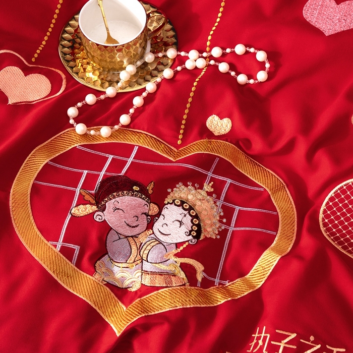 91家纺网 家纺一手货源 找家纺 慕她家纺 2026年磨毛亲肤棉婚庆四件套大红色刺绣结床上用品 天作之合